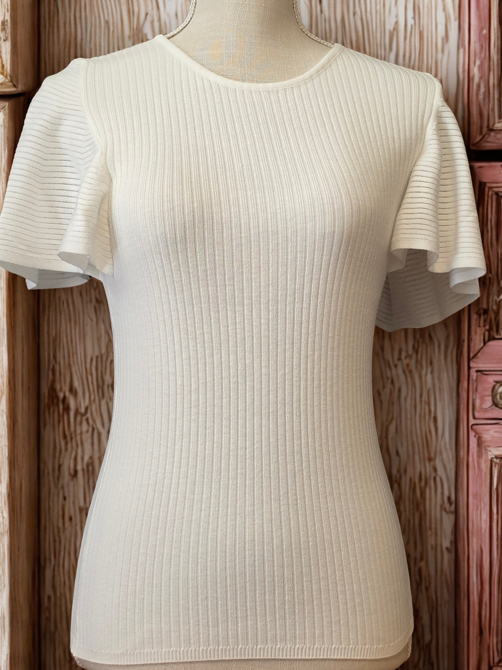 Philosophy Ivory Ribbed Flutter Sleeve Sweater Top